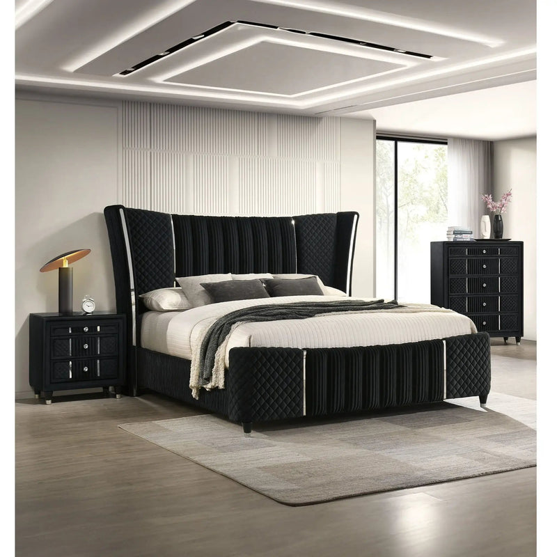 1 Piece Nightstand Upholstery Textured Look Luxurious Feel Drawer Fronts Crystal Style Knobs - Black by Unique Piece Furniture