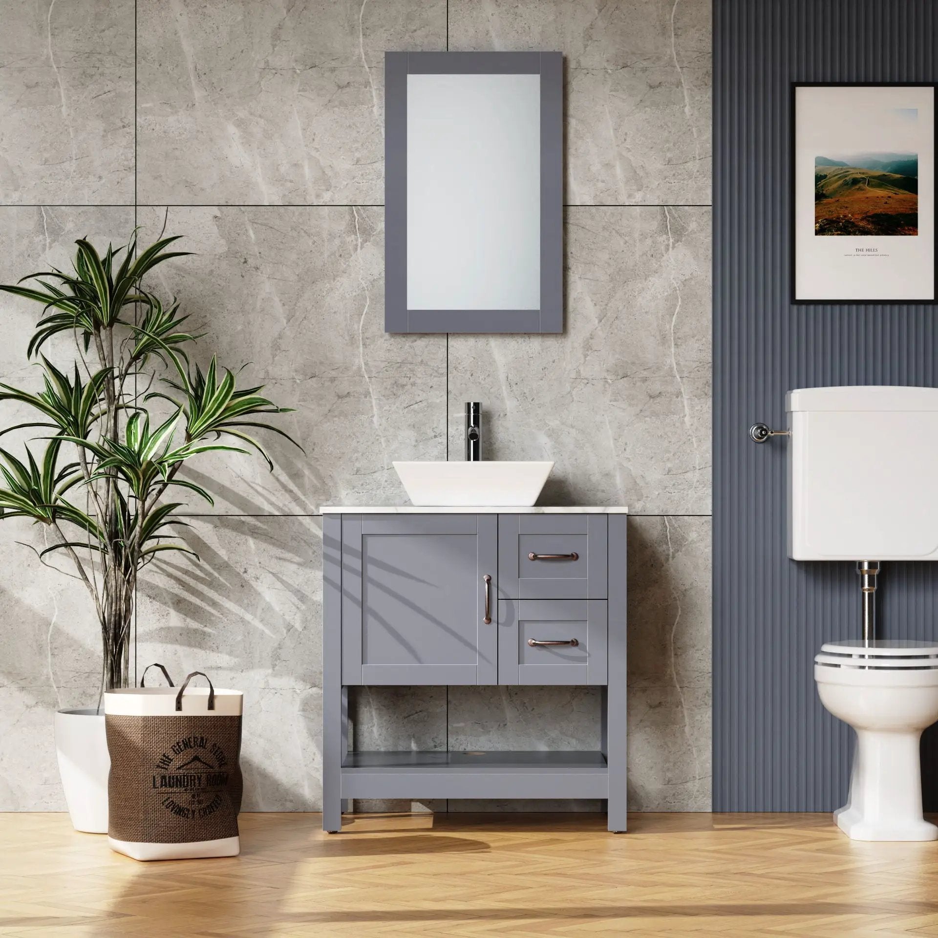 30" Gray Bathroom Vanity And Sink Combo Marble Pattern Top With Mirror Faucet & Drain - Gray by HouseOfZazla