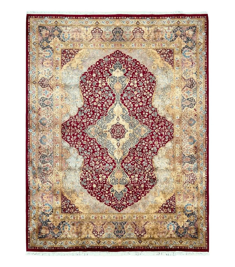 Persian Rug 9x12, Kirman DeLuxe, Millefleur Floral Medallion Carpet, Maroon Light Blue Beige, Semi Antique Authentic Hand Knotted Wool Rug by Jewel Rugs