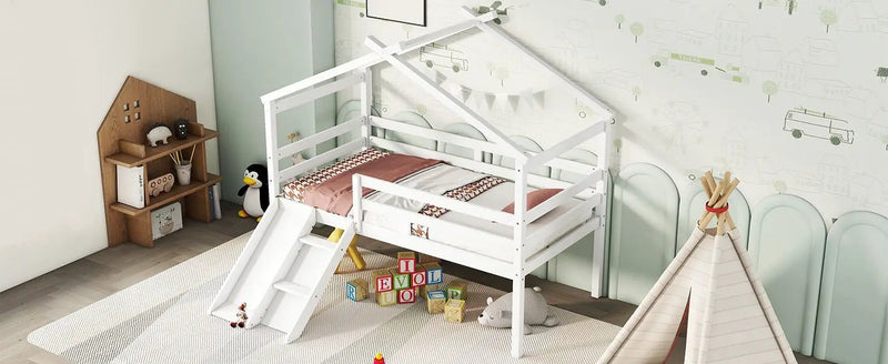 Low Loft House Bed With Slide, Ladder, Safety Guardrails, House Roof Frame by HouseOfZazla
