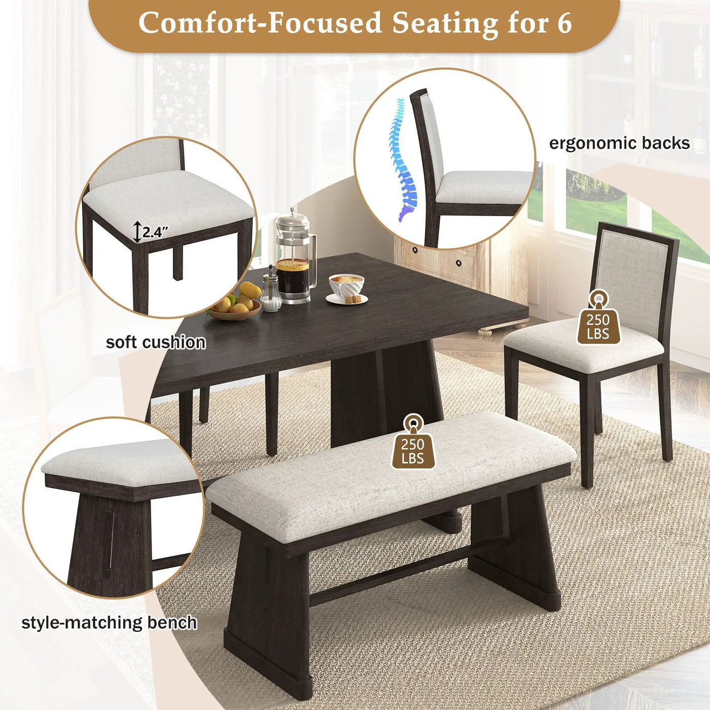 Dining Set With Rectangular Table, 4 Upholstered Chairs & 1 Padded Bench by HouseOfZazla