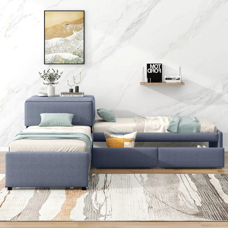 L Shaped Upholstered Platform Bed With Trundle And 2 Drawers Linked With Built In Desk by Unique Piece Furniture