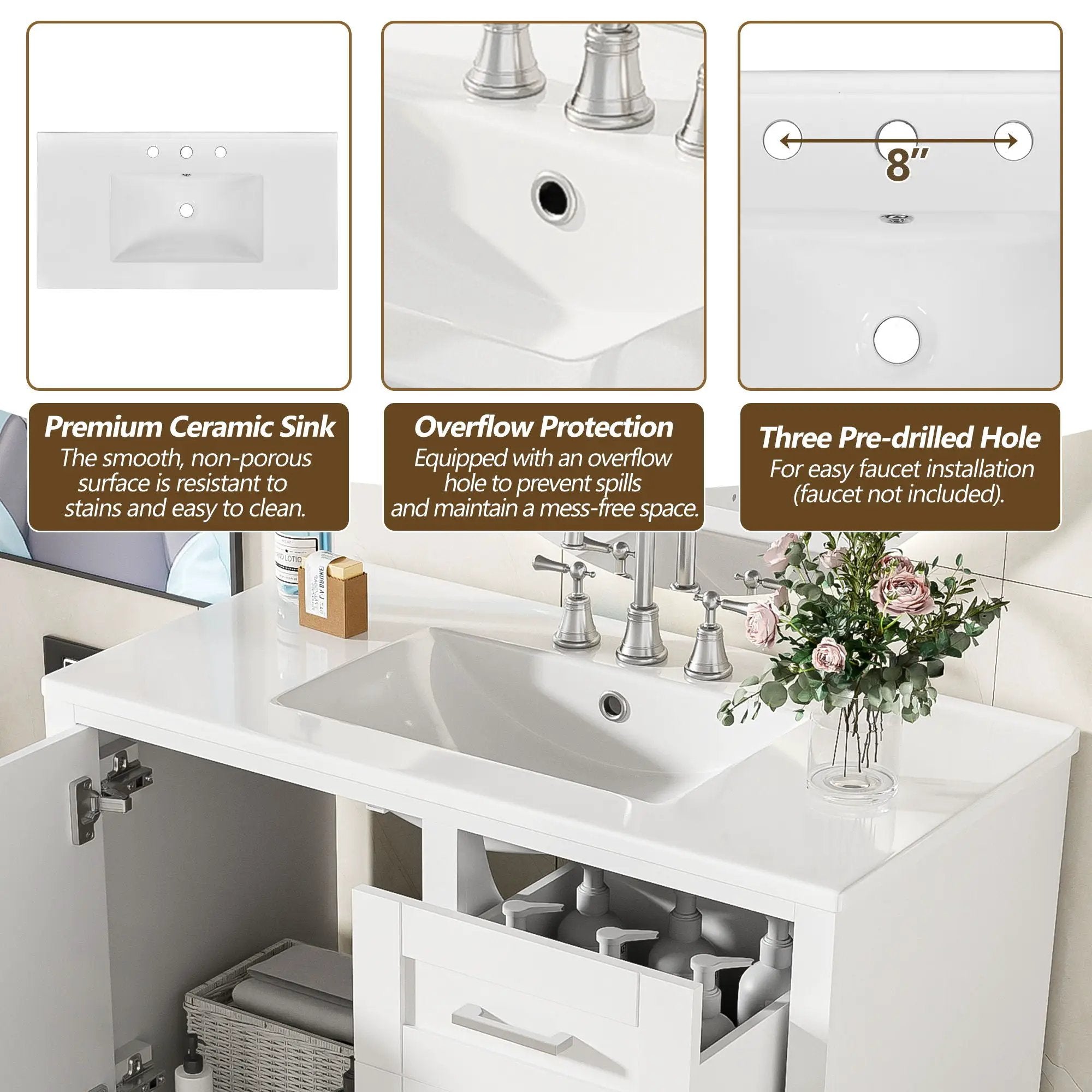 Bathroom Vanity, Modern Bathroom Cabinet With Sink Combo Set, Bathroom Storage Cabinet With A Soft Closing Door And 3 Drawers, Solid Wood Frame by HouseOfZazla