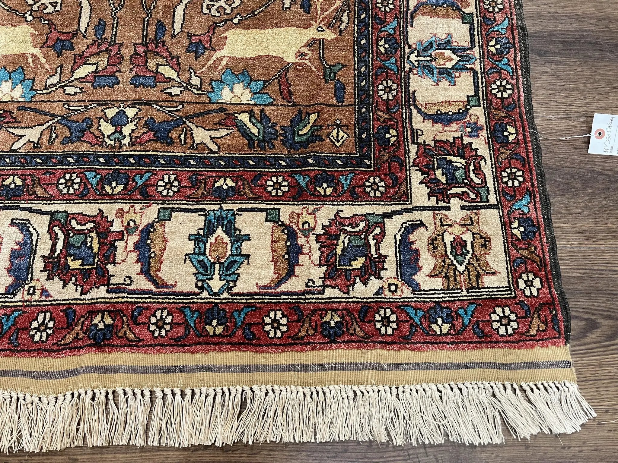Unique Afghan Silk Rug 4x6, Hunting Pattern Animal Motifs, Light Brown and Cream, Persian Handwritten Poetry, Fine 1940s Oriental Carpet Wow by Jewel Rugs