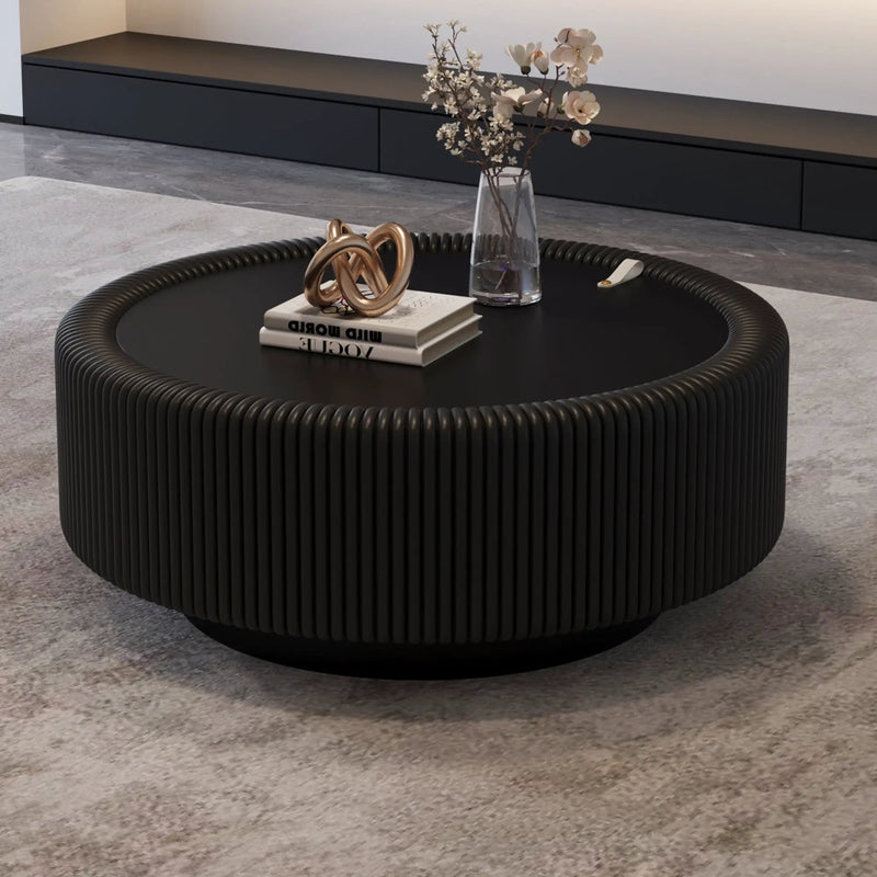 Black Round Fluted Coffee Table with Tempered Glass Top by HouseOfZazla