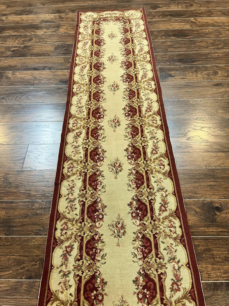 Needlepoint Runner Rug 2.5 x 10.7, Tan Runner Rug, Flatweave Runner, Aubusson European Design, Needlepoint Rug, Long Runner, Hallway Rug by Jewel Rugs