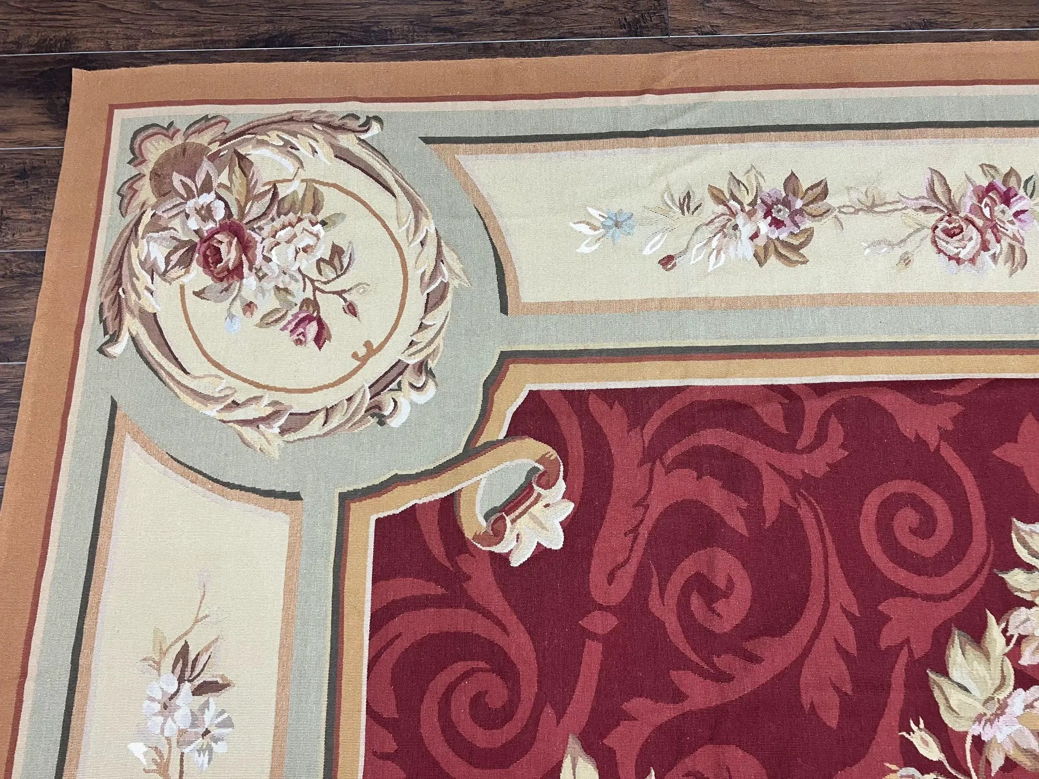 Large Aubusson Rug 10x14, Wool Handmade Vintage Carpet, Dark Red Ivory Tan, French European Elegant Aubusson Weave Rug by Jewel Rugs