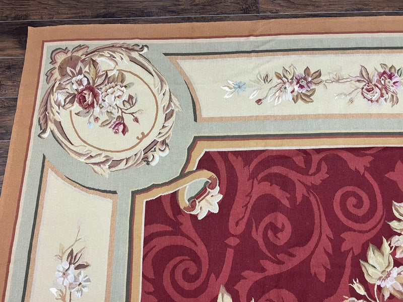 Large Aubusson Rug 10x14, Wool Handmade Vintage Carpet, Dark Red Ivory Tan, French European Elegant Aubusson Weave Rug by Jewel Rugs