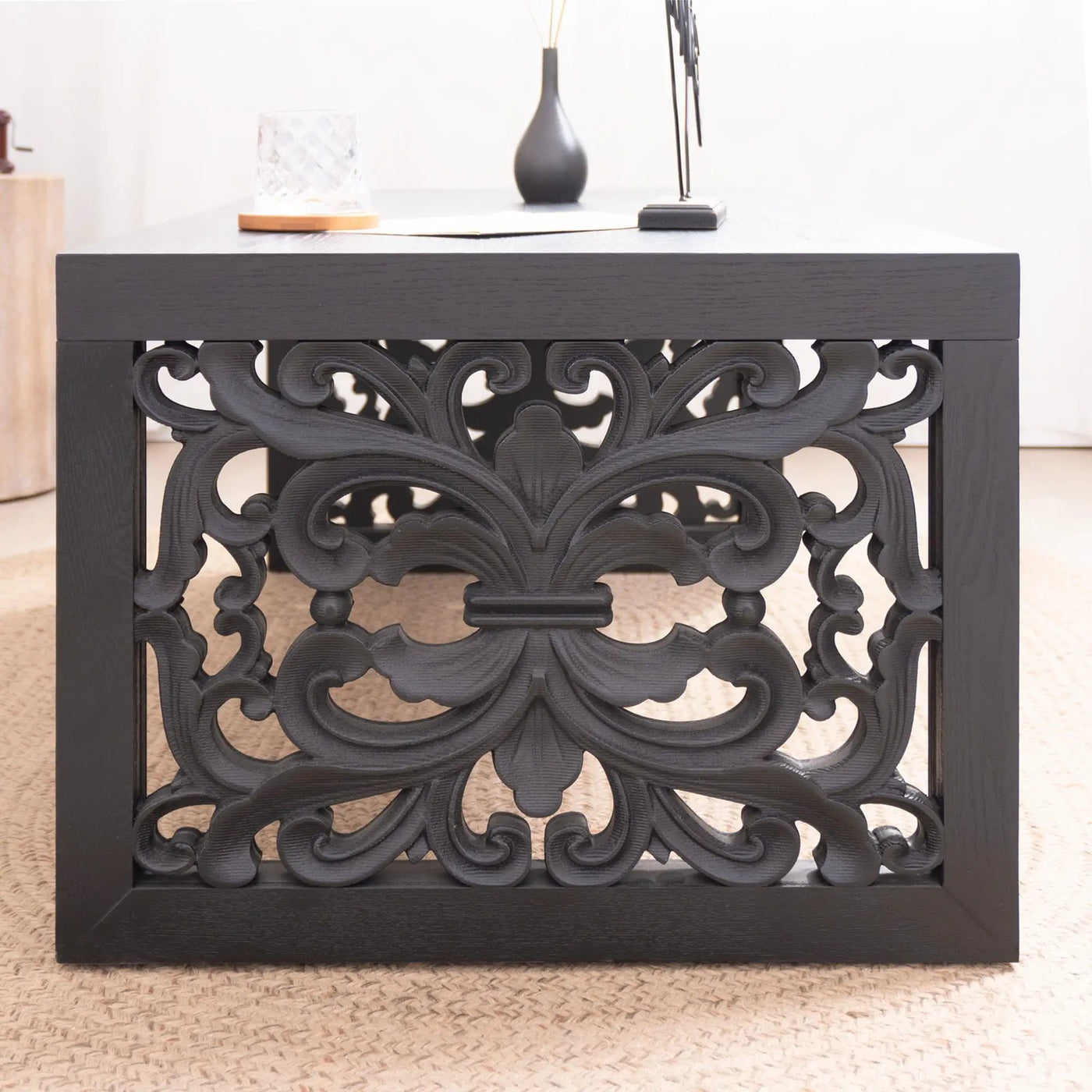Rustic Carved Wood Coffee Table, Handcrafted Look With Ornate Side Panels by Unique Piece Furniture