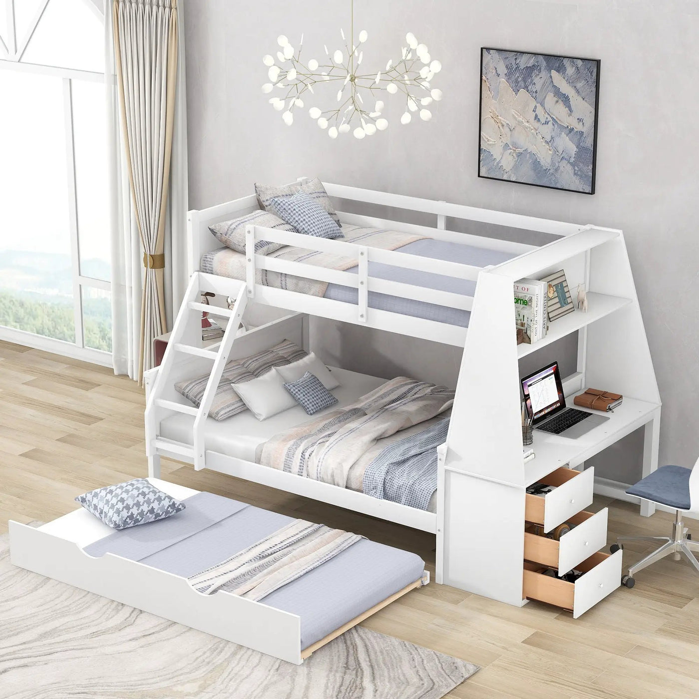 Bunk Bed With Trundle And Built In Desk, 3 Storage Drawers And Shelf by Unique Piece Furniture