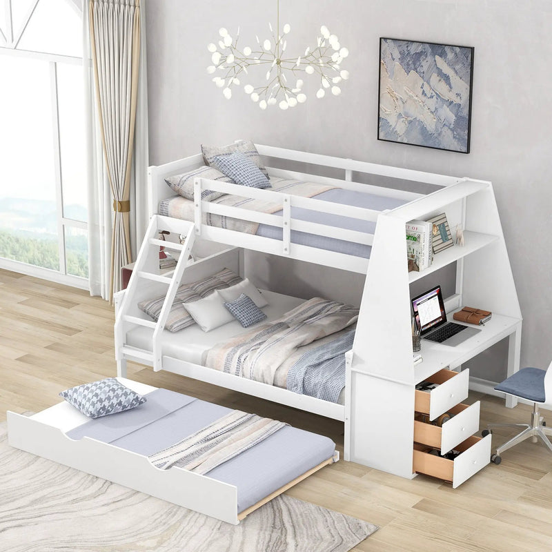 Bunk Bed With Trundle And Built In Desk, 3 Storage Drawers And Shelf by HouseOfZazla