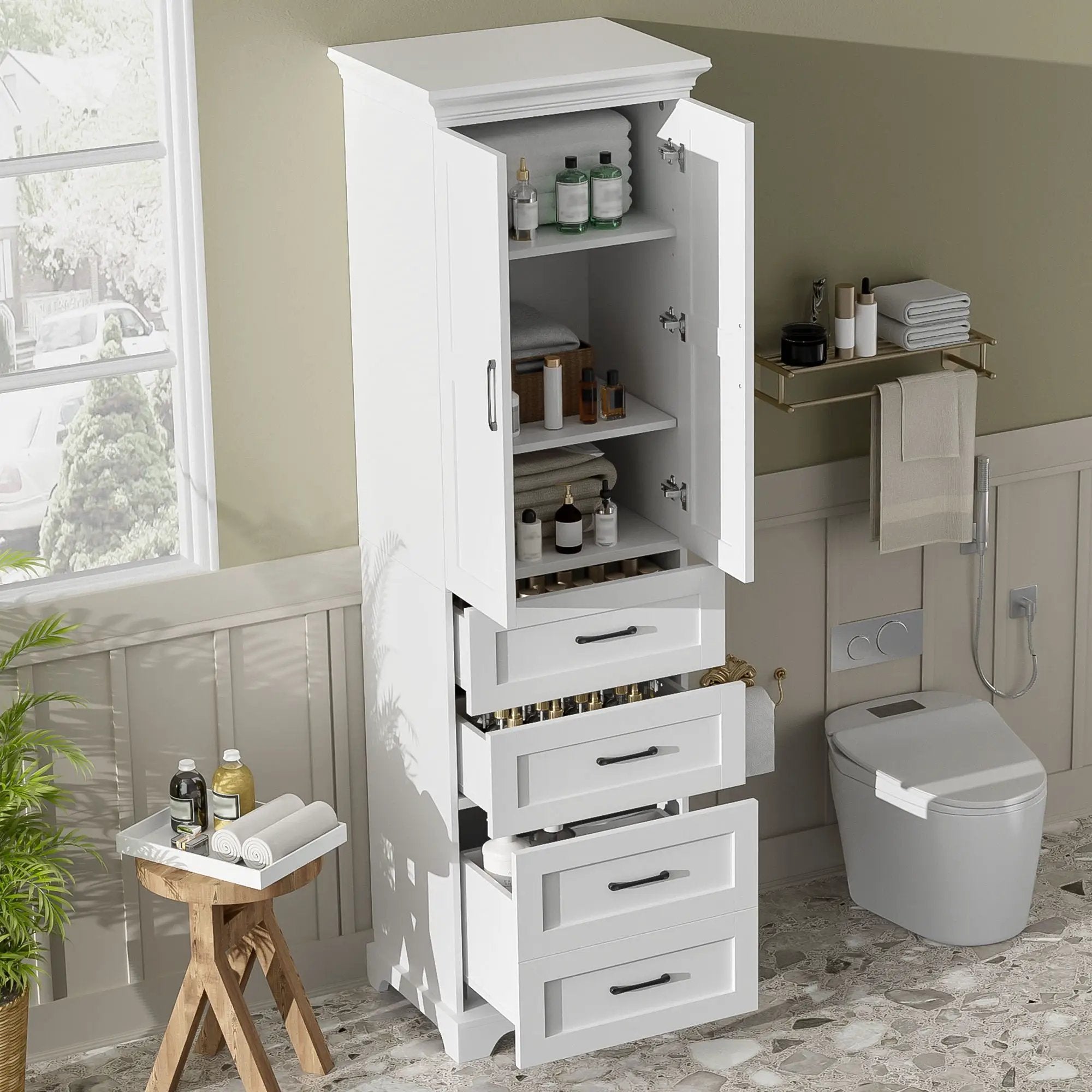 Bathroom Vanity With 2 Damping Hinge Doors, 3 Drawers, Adjustable Shelves - White by HouseOfZazla