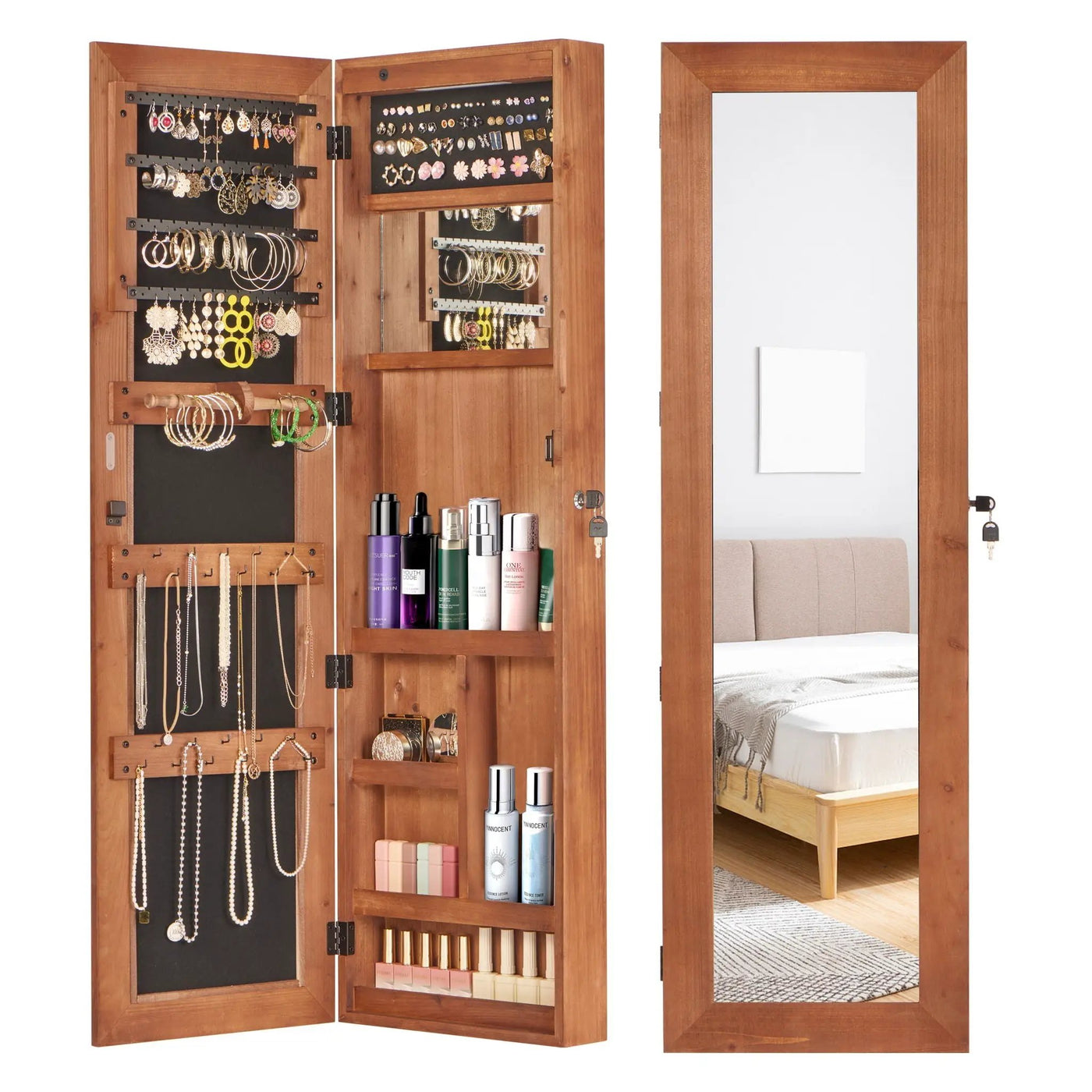 Jewelry Armoire Organizer With Full Length Mirror, Wall Mounted Lockable Cabinet With LED Light by HouseOfZazla
