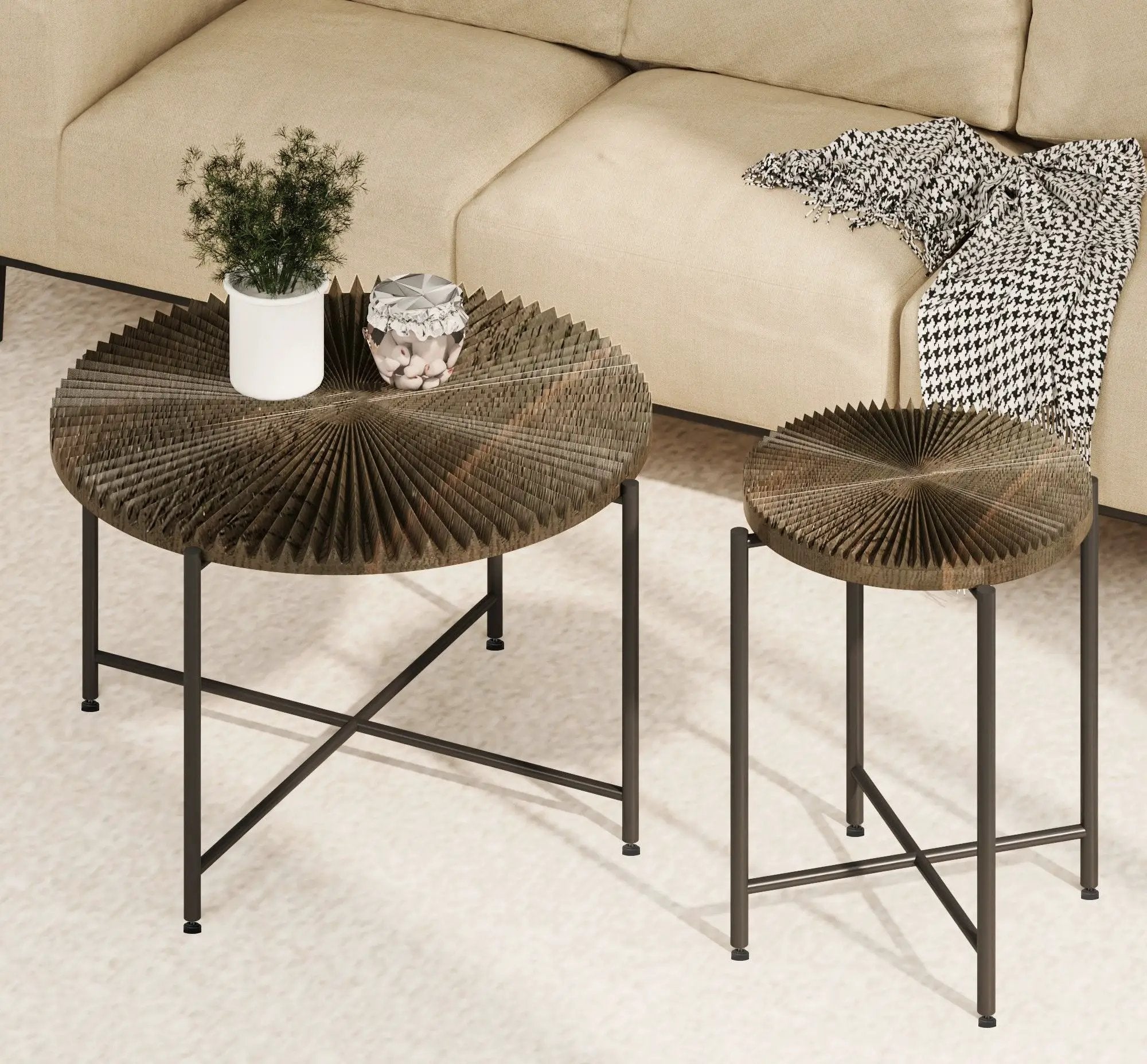 Radial - Pattern Coffee And End Table Set Waterproof Cover, Distressed Cylindrical Design (Set of 2) by HouseOfZazla