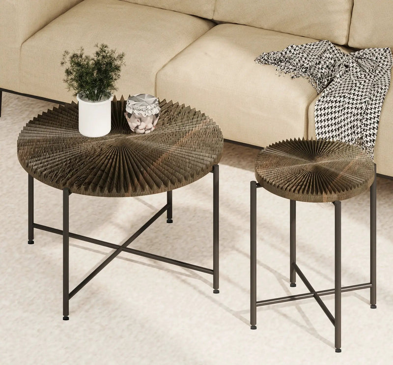Radial - Pattern Coffee And End Table Set Waterproof Cover, Distressed Cylindrical Design (Set of 2) by HouseOfZazla