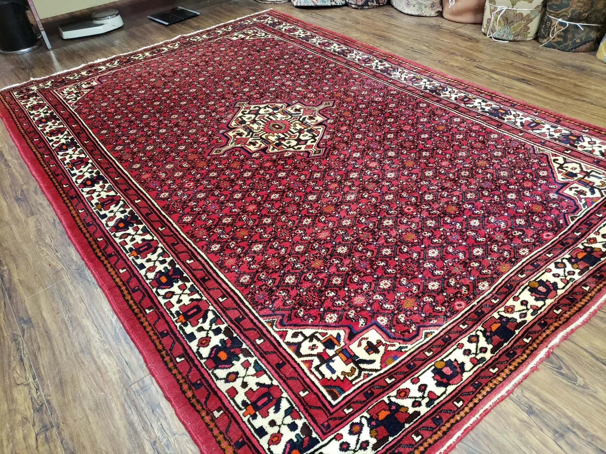 Vintage Persian Hamedan Rug 7x10, Angelas Mahi Pattern, Red, Wool, Hand-Knotted by Jewel Rugs