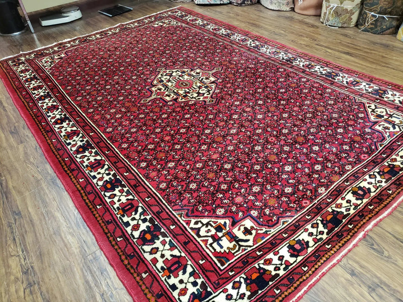 Vintage Persian Hamedan Rug 7x10, Angelas Mahi Pattern, Red, Wool, Hand-Knotted by Jewel Rugs