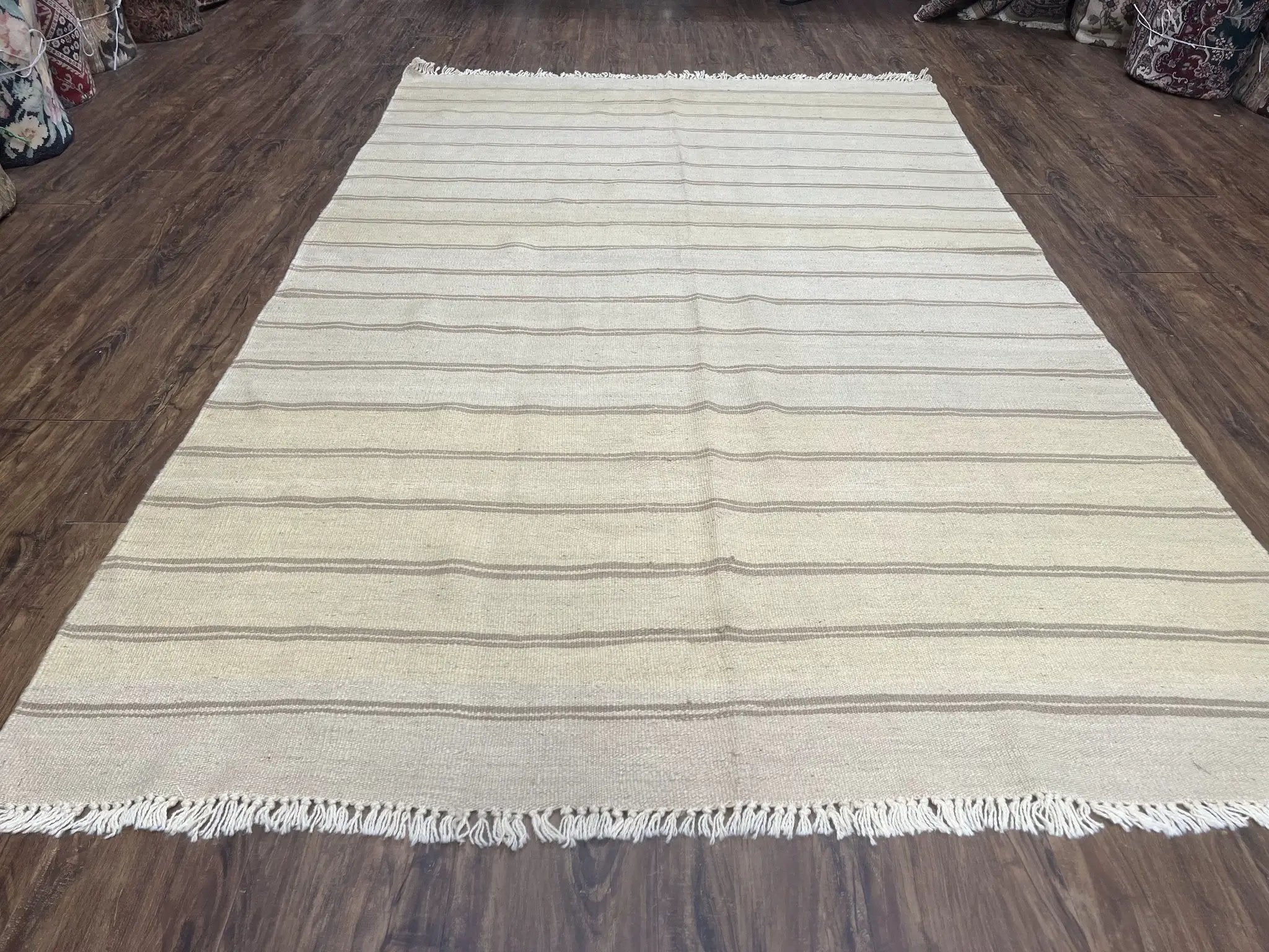 New Turkish Kilim Rug 5x8 Flatweave Carpet, Bohemian Rug, Contemporary Rug, Hand Woven, Wool Area Rug, Gray and Taupe, Striped Pattern by Jewel Rugs