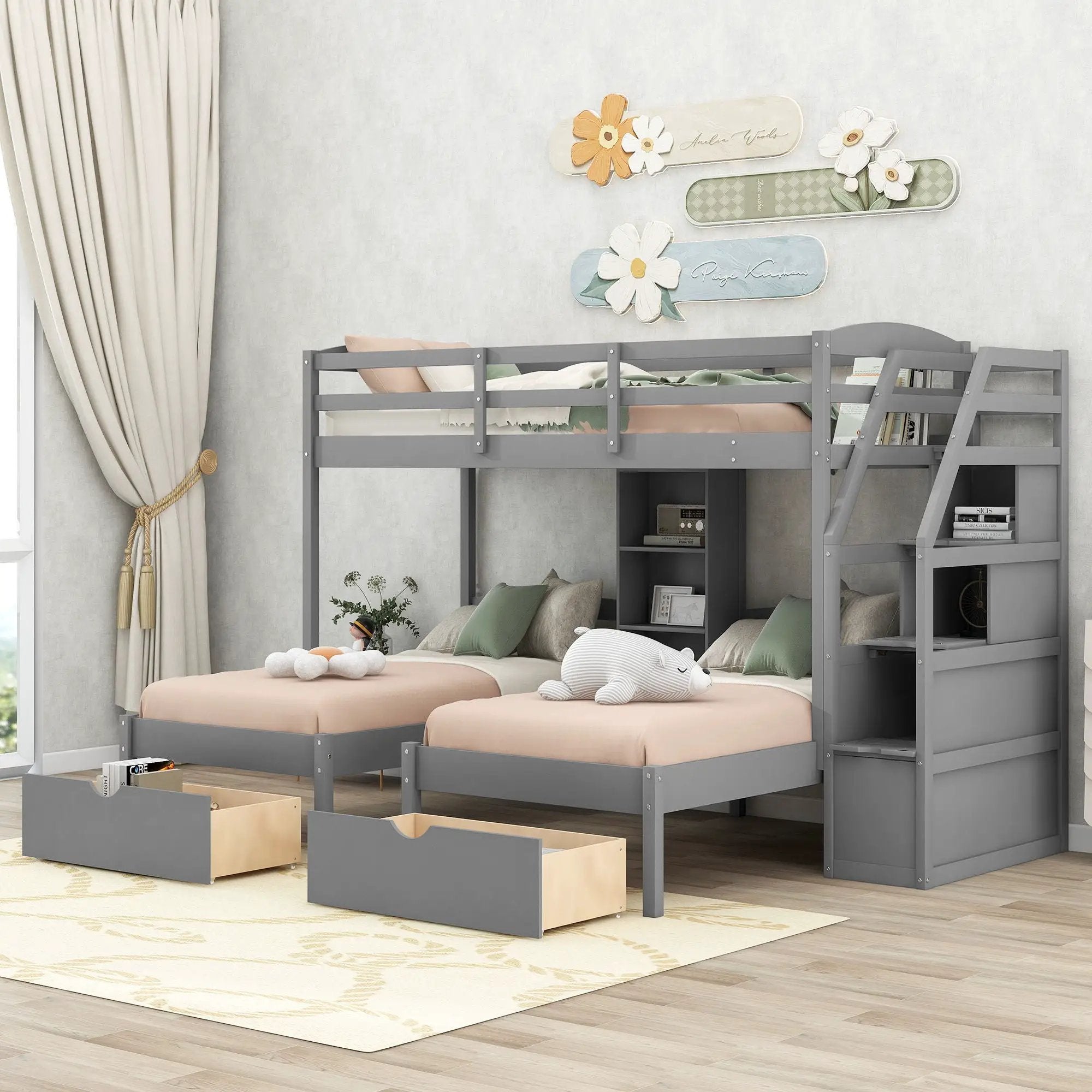 Twin Over Twin & Twin Bunk Bed With Drawers, Staircase Storage, Built In Shelves - Gray by HouseOfZazla
