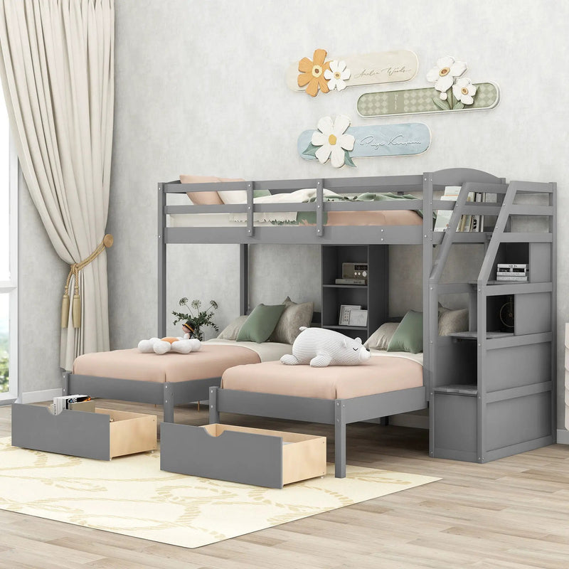 Twin Over Twin & Twin Bunk Bed With Drawers, Staircase Storage, Built In Shelves - Gray by HouseOfZazla