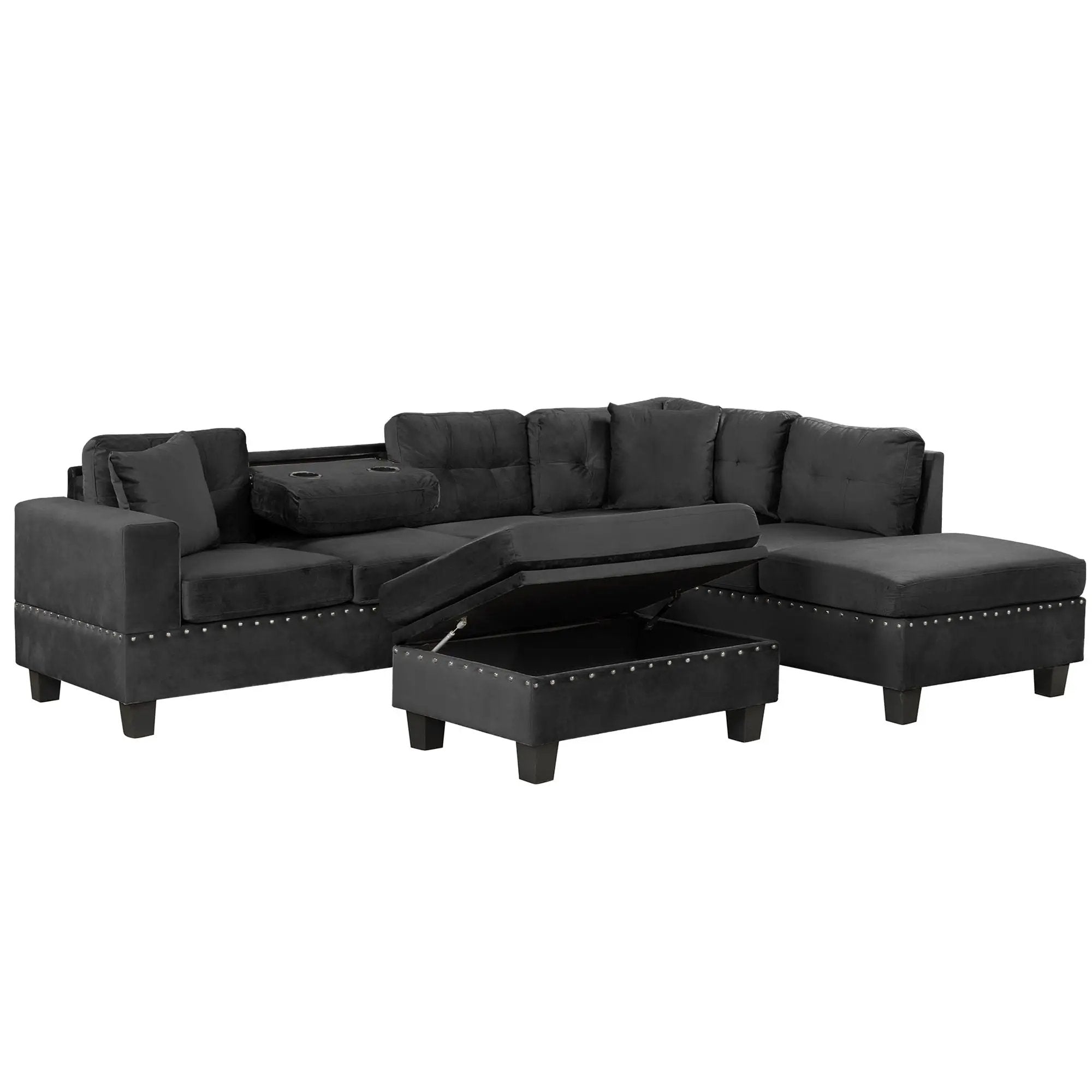 Modern Sectional Sofa With Storage Ottoman, L - Shape Couch With 2 Pillows And Cup Holders by HouseOfZazla