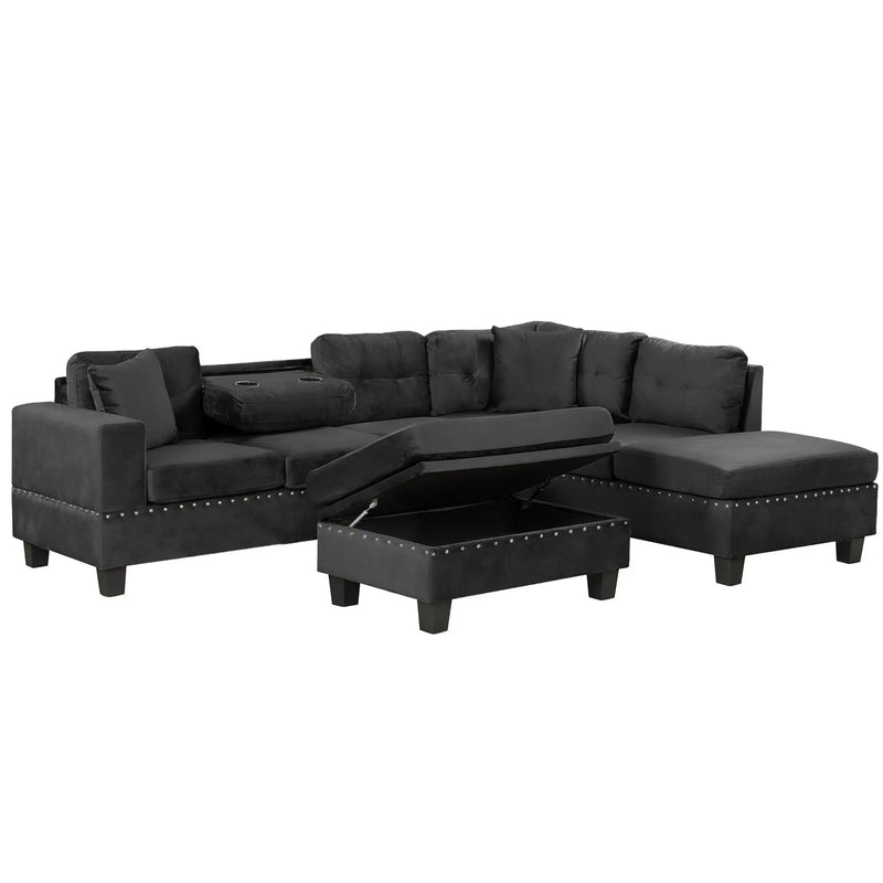 Modern Sectional Sofa With Storage Ottoman, L - Shape Couch With 2 Pillows And Cup Holders by HouseOfZazla