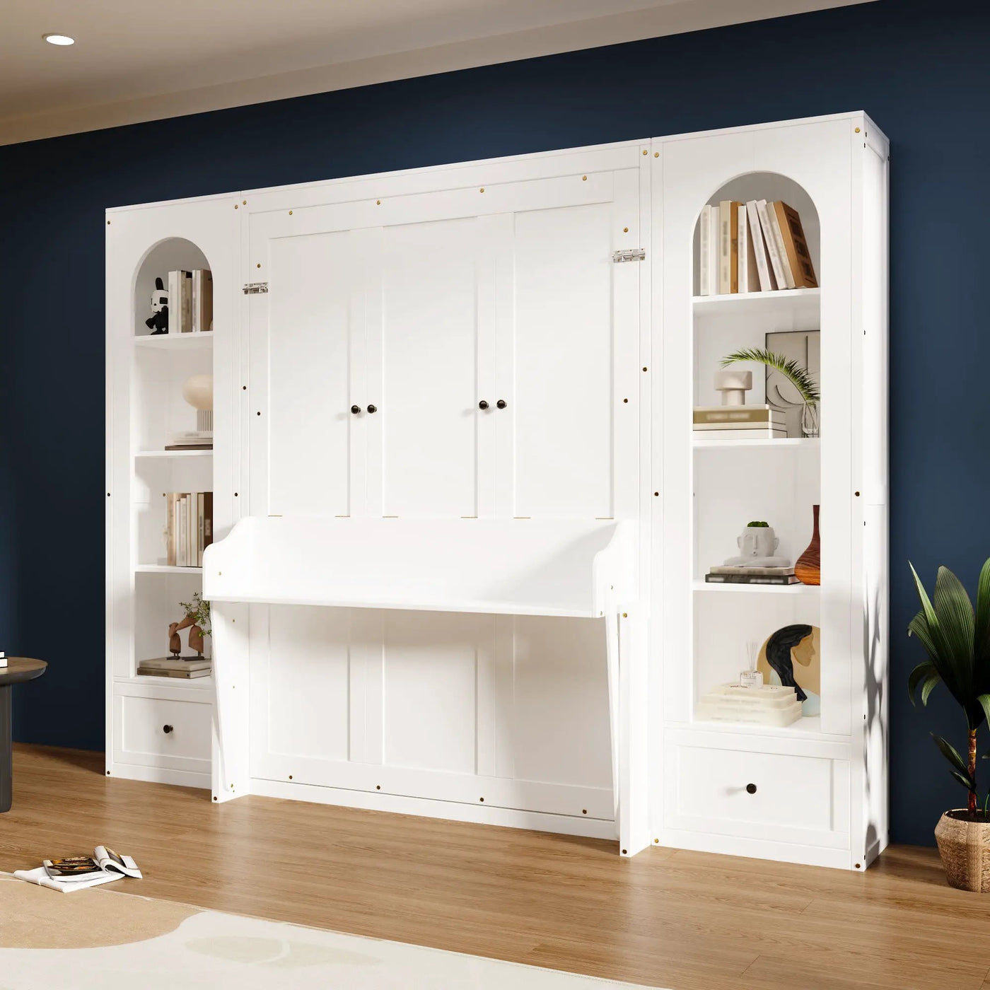 French Style Murphy Platform Bed With Shelf, Side Cabinets, Drawers And LED by Unique Piece Furniture