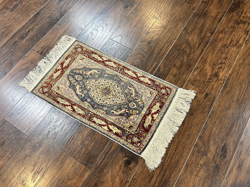 Silk Turkish Hereke Rug 2x3, Peacocks Birds, Signature from Master Weaver, Super Finely Hand Knotted 550 KPSI, Animal Pictorials by Jewel Rugs