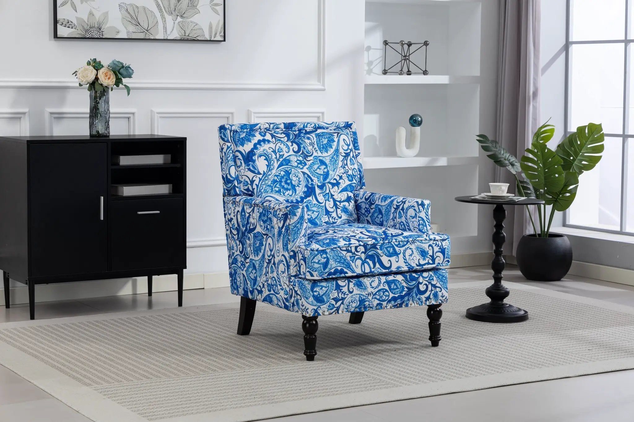 Upholstered Accent Chair with Blue and White Porcelain Print Linen Fabric by HouseOfZazla