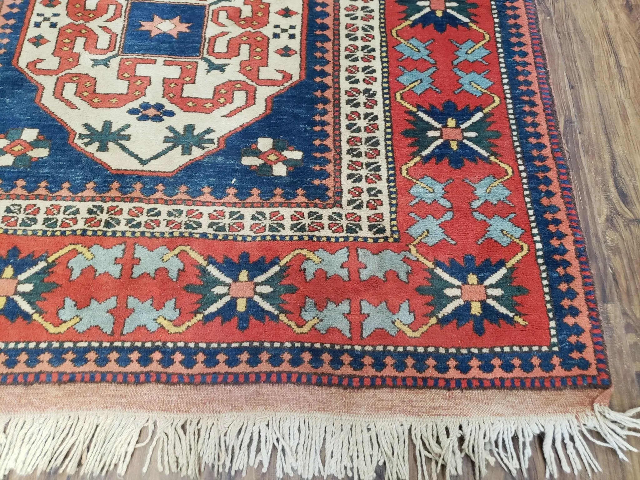 Turkish Kazak Rug 5x6 Vintage Handmade Wool Carpet Geometric Blue Red by Jewel Rugs