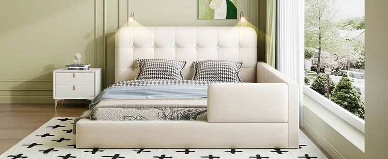 Queen Size Upholstered Platform Bed With 2 Reading Lights - White by HouseOfZazla