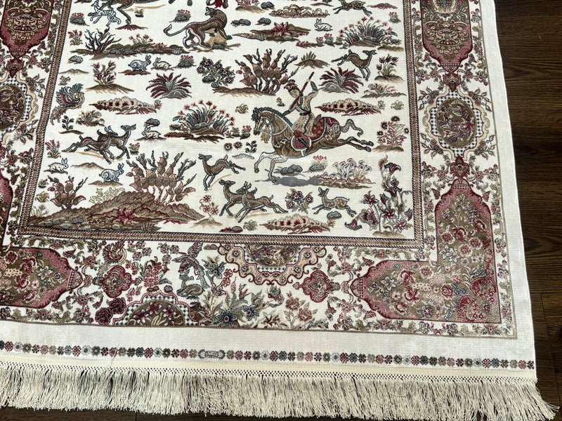 Turkish Silk Hunting Scene Rug 4x6, Ivory, Bamboo Silk, New by Jewel Rugs