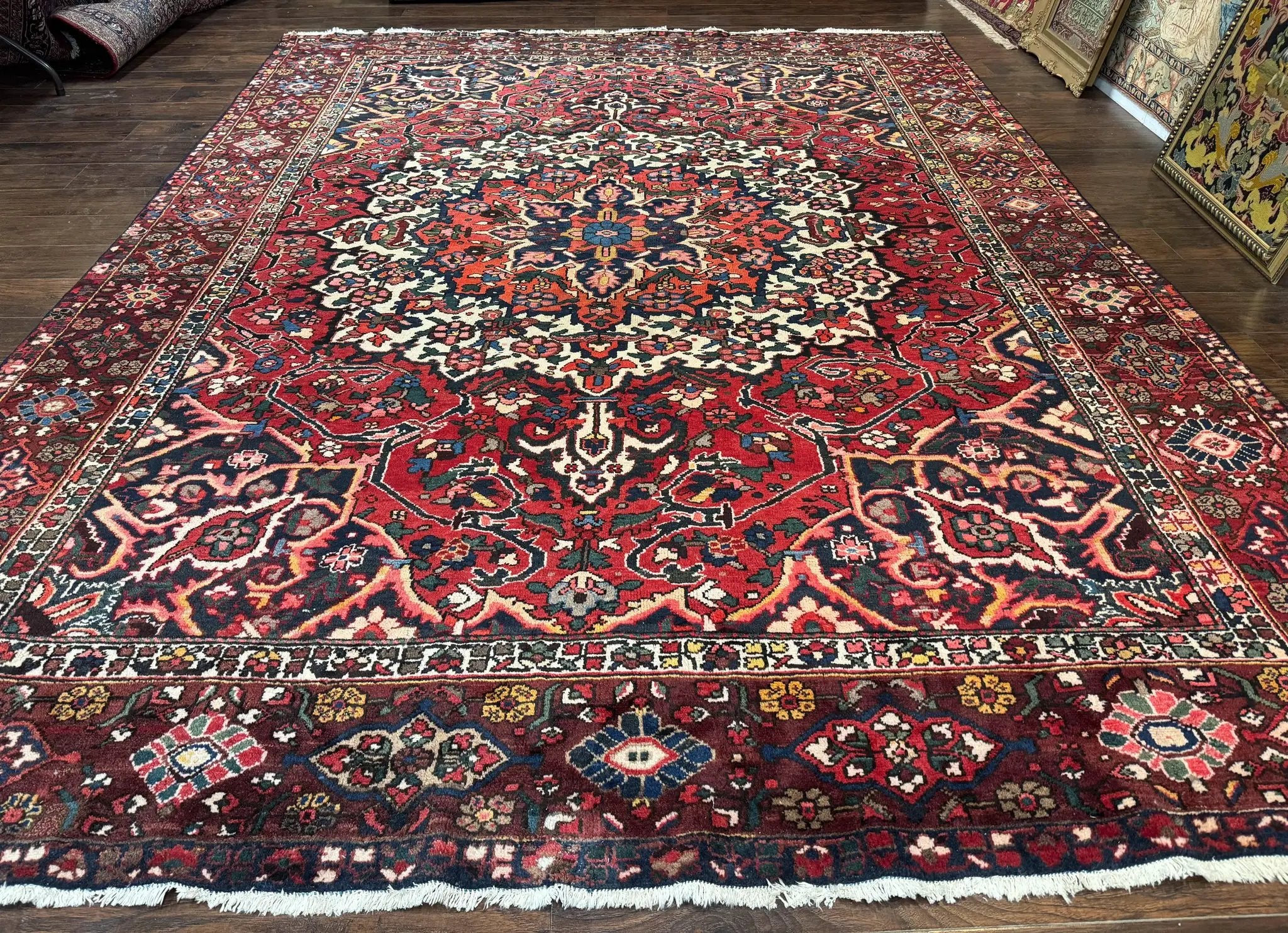 Rare Persian Bakhtiari Rug 10x13, Red, Semi Antique, Large Persian Carpet, Handmade by Jewel Rugs