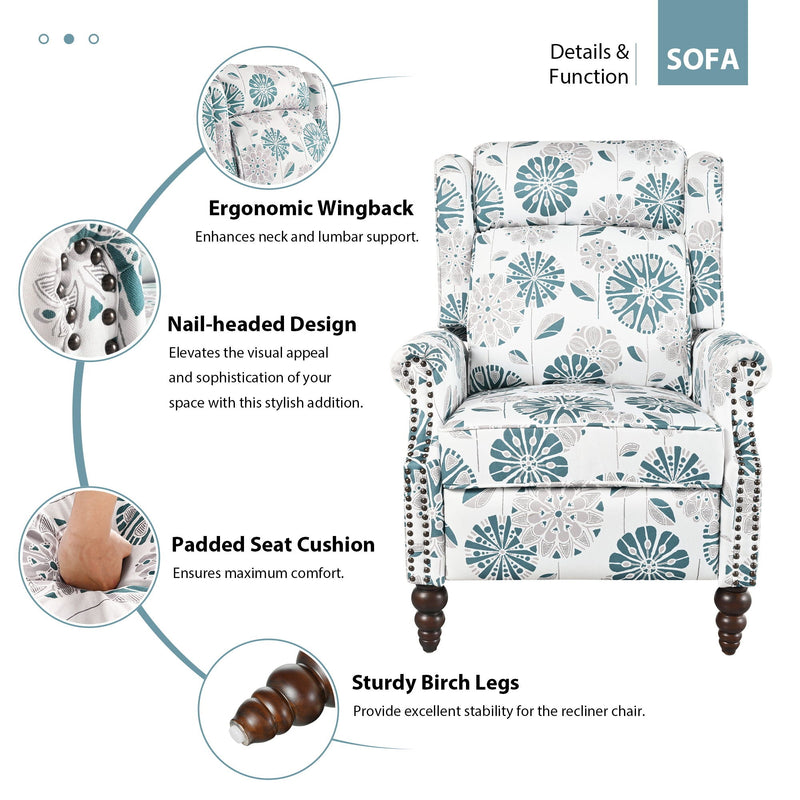 Push Back Recliner Chair Upholstered With Classic Wing Back And Solid Gourd-Shaped Legs
