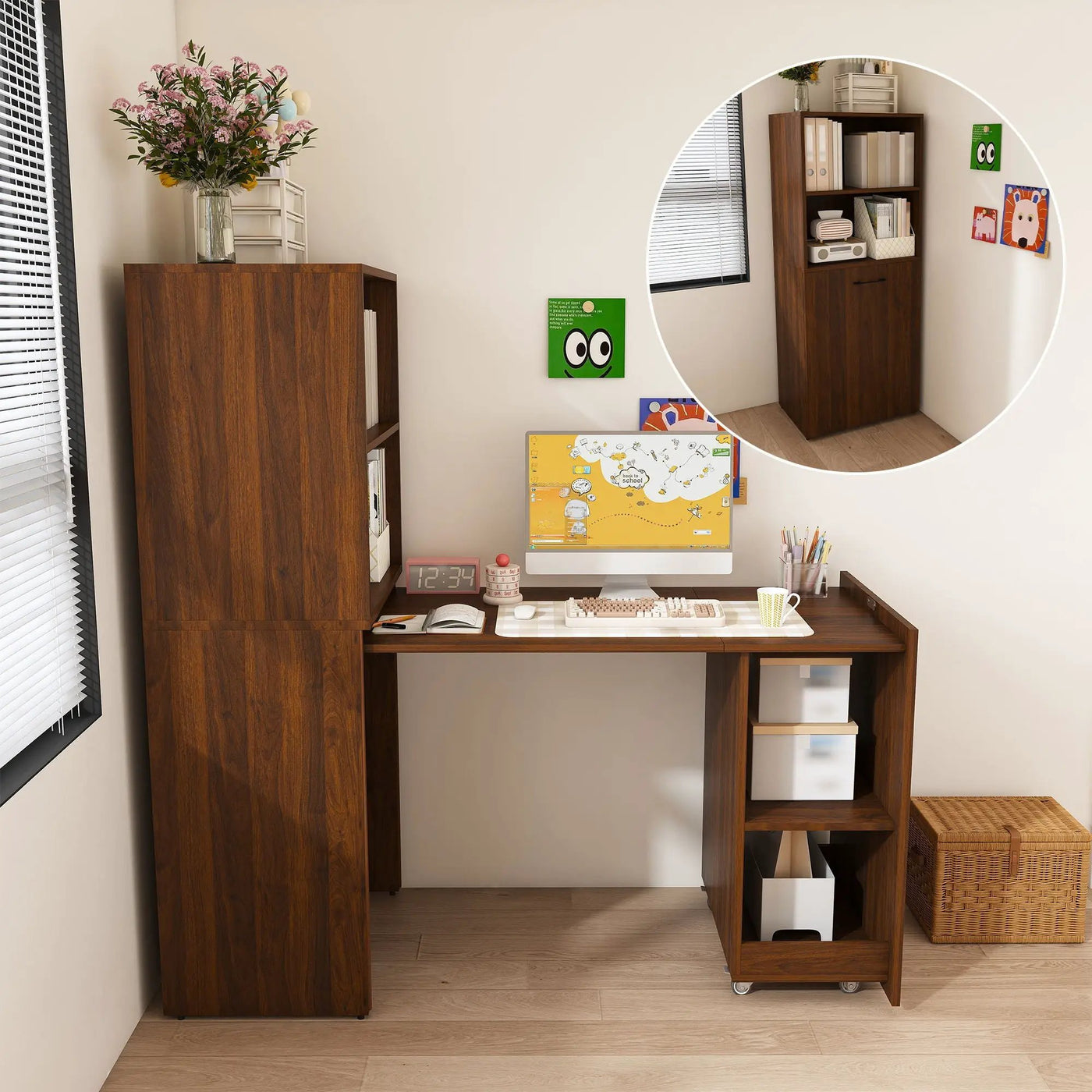 Stretchable Office Desk With Storage Shelves And Mobile Wheels by Unique Piece Furniture