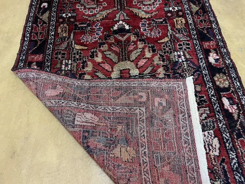 Antique Persian Hamadan Runner Rug 3.4 x 9, Red, Handmade Wool Runner by Jewel Rugs