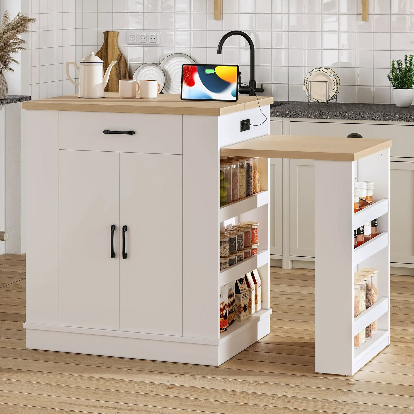 Extendable Island Console with Drawers, Double-Door Cabinet, and Open Shelving by HouseOfZazla