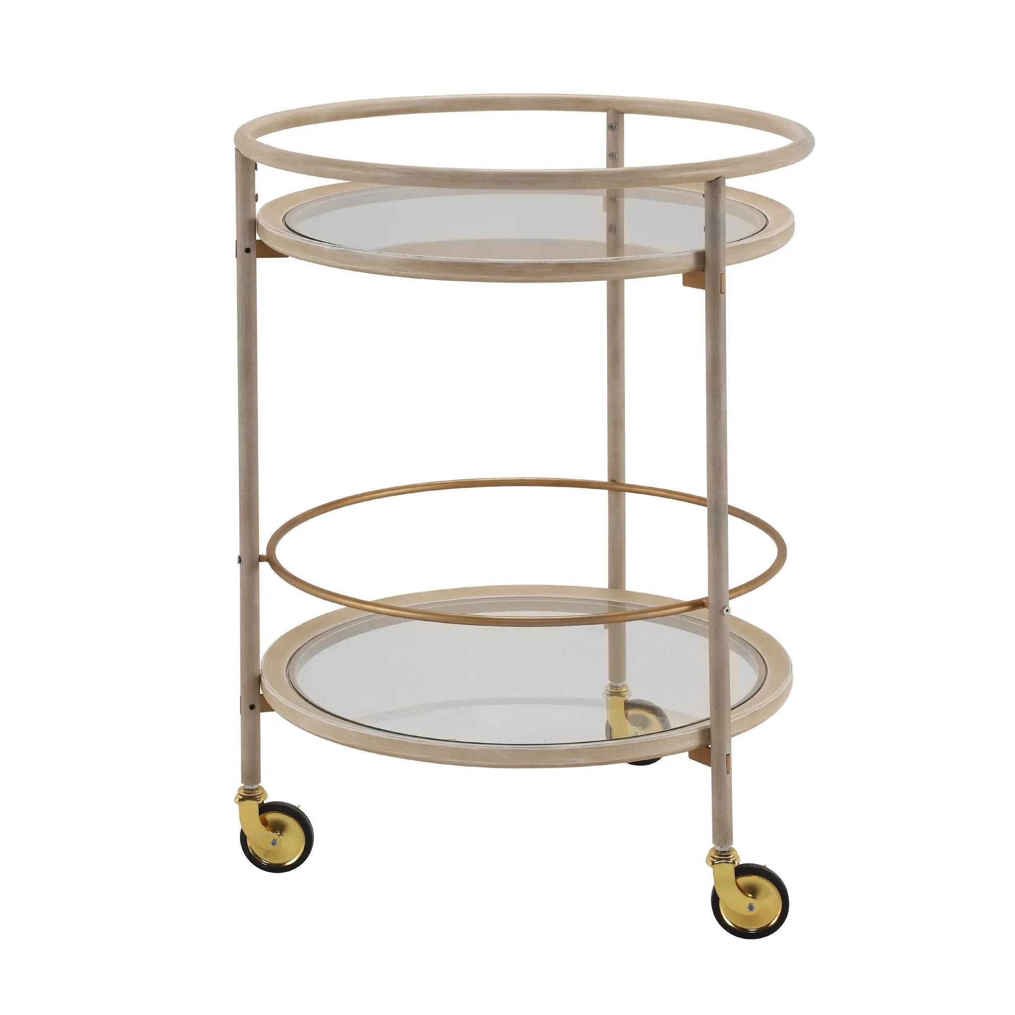 Round Bar Cart with Tempered Glass Shelves and Gold Accents by HouseOfZazla
