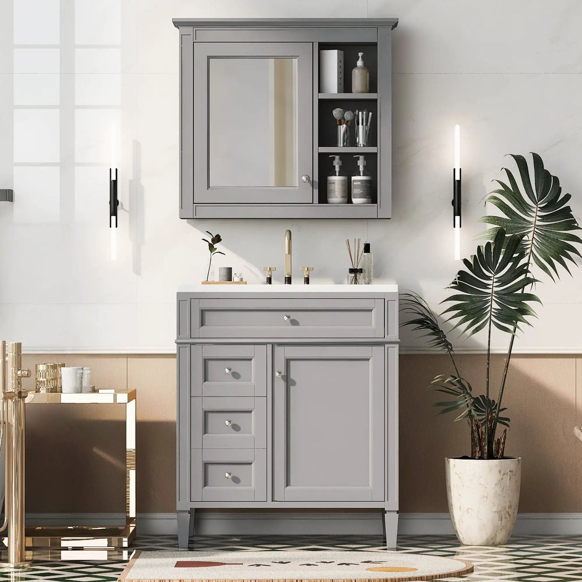 Bathroom Vanity With Medicine Cabinet, Royal Mirror Cabinet, Modern Bathroom Storage Cabinet With 2 Soft Closing Doors And 4 Drawers by HouseOfZazla