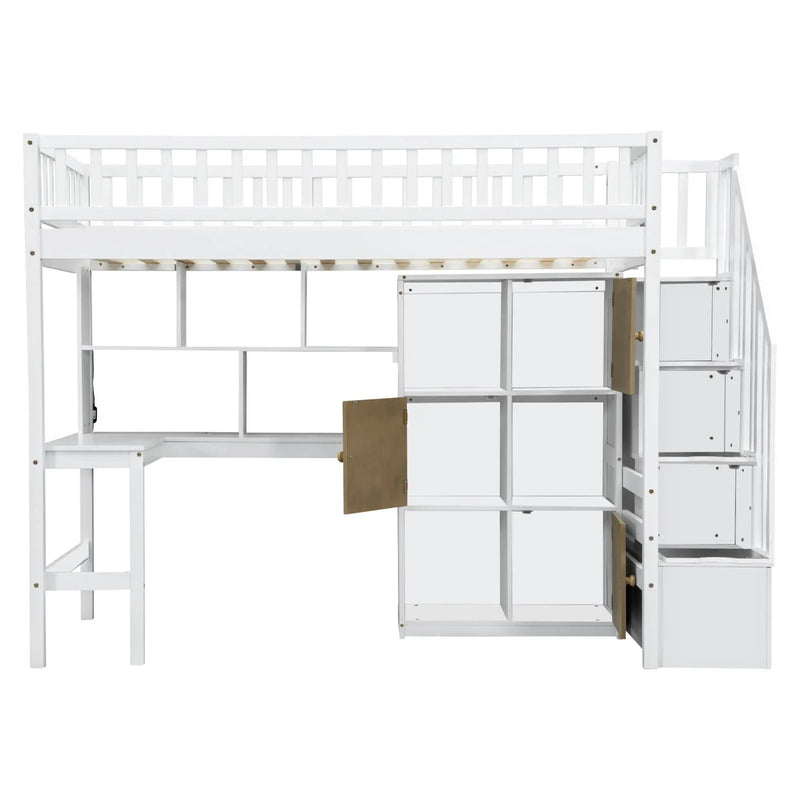 Loft Bed With Built In L Shaped Desk, LED Lights, Storage Shelves, Cabinets, And Staircase by Unique Piece Furniture