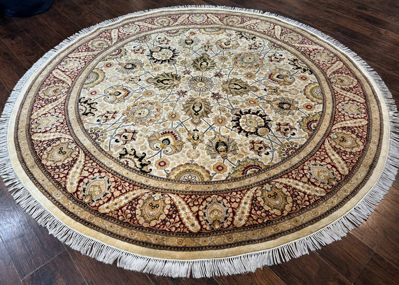 Round Pak Persian Rug 8x8, Vintage Handmade Wool Traditional Carpet, Beige Dark Red, Fine 270 KPSI by Jewel Rugs