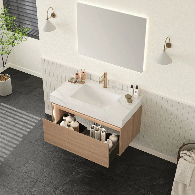 Nyah 36'' Bathroom Vanity & Sink, Floating Ultra-Slim Grille Plywood Cabinet, Drawer with Sensor Light, Carrara by HouseOfZazla