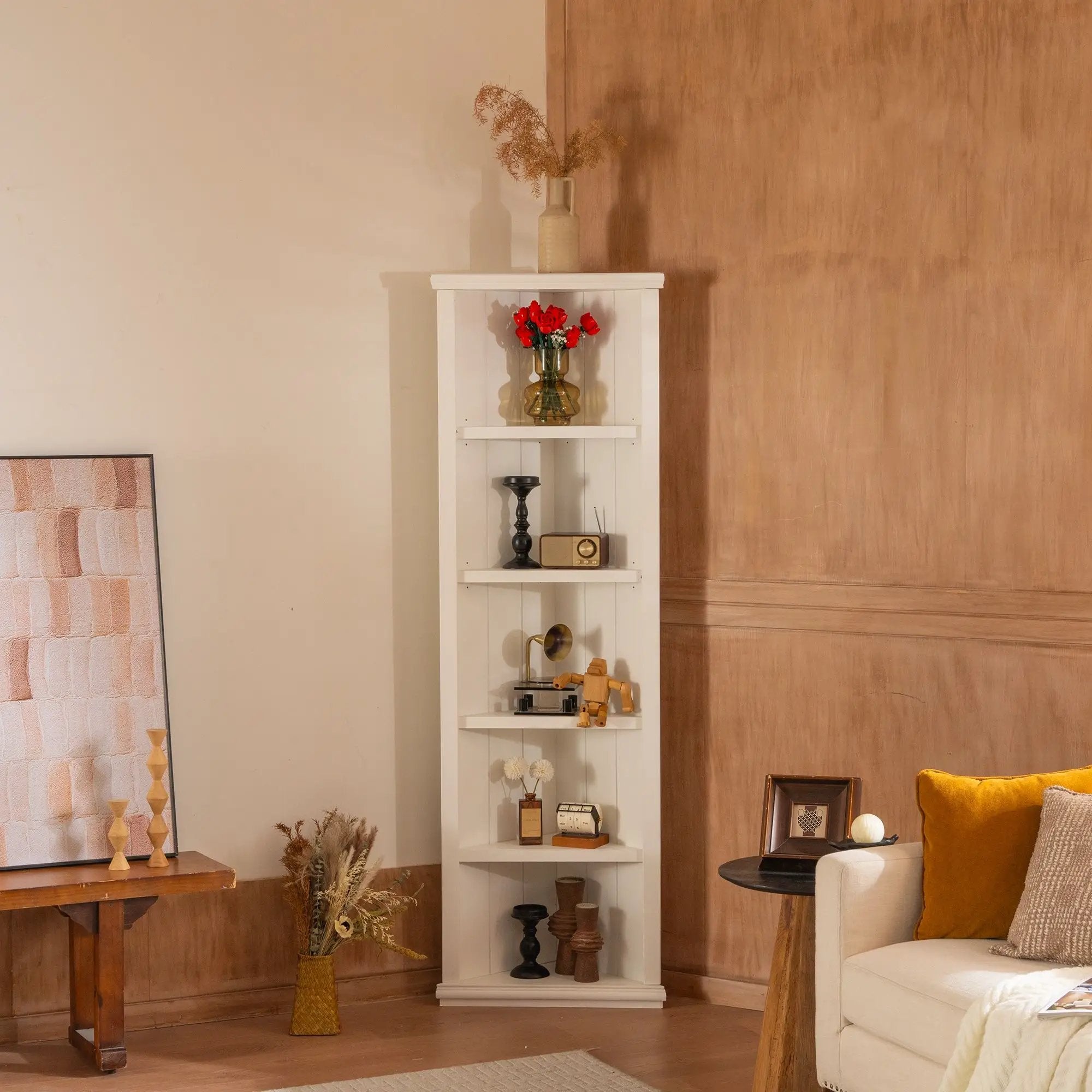 Retro Style Wall Suit With Glass Doors, 75.25" Tall Display Cabinets & Triangle Sided Bookshelves - White by Unique Piece Furniture