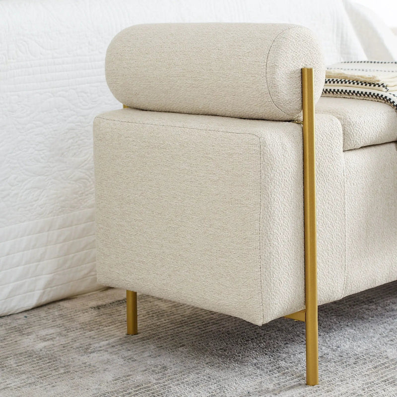 Elegant Upholstered Storage Bench With Cylindrical Arms And Iron Legs, by HouseOfZazla