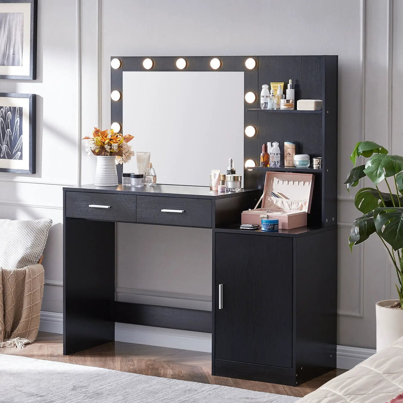 Vanity Desk With Mirror And Lights, 46.4In Dressing Table With 2 Large Drawer & Large Vertical Organizer, 3 Level Dresser & 3 Lighting Modes Adjustable Brightness, Suitable For Bedroom by Unique Piece Furniture