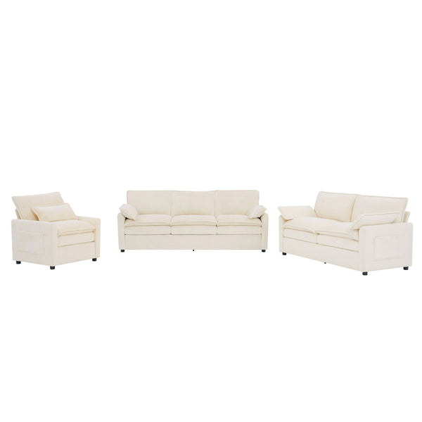Modern Sofa Set With Double Layer Cushion And Side Storage Pockets