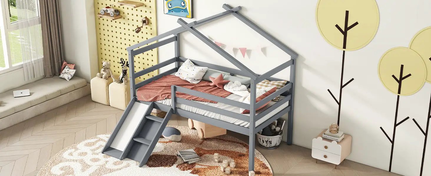 Low Loft House Bed With Slide, Ladder, Safety Guardrails, House Roof Frame by HouseOfZazla