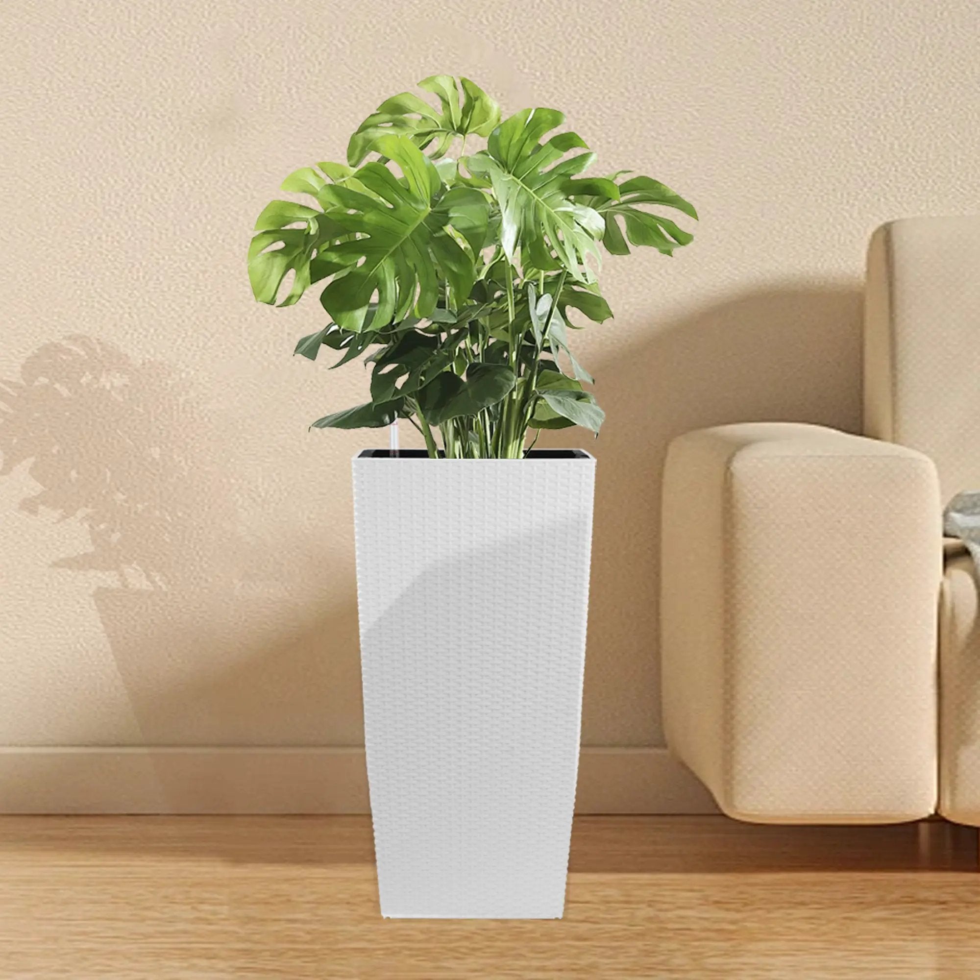 Indoor/Outdoor Modern Faux Rattan Design Square Planter, 22.6 inch White Plastic Large Planter with Automatic Watering System for Home and Garden (White, 22.6 inch - 2 Pack) by HouseOfZazla