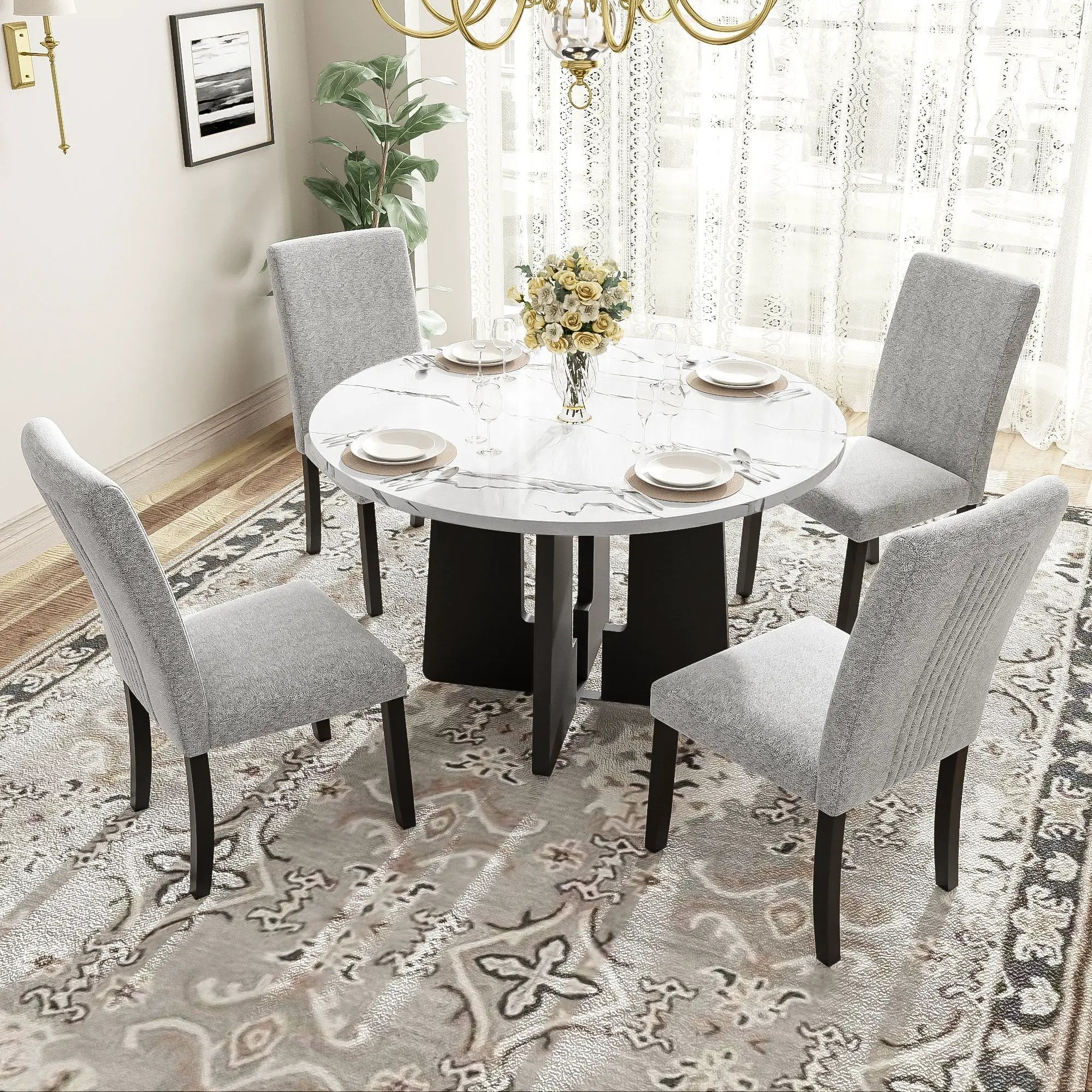5 Piece Round Dining Table Set, Dining Table And 4 Upholstered Chairs For Dining Room, Kitchen Room, Living Room - White / Gray by Unique Piece Furniture