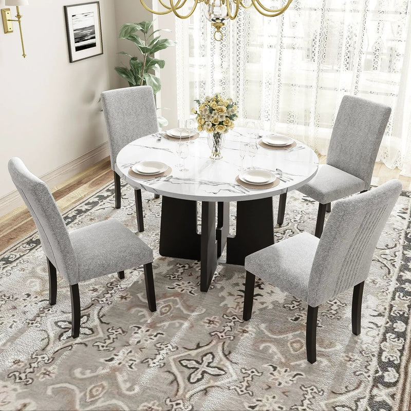 5 Piece Round Dining Table Set, Dining Table And 4 Upholstered Chairs For Dining Room, Kitchen Room, Living Room - White / Gray by HouseOfZazla